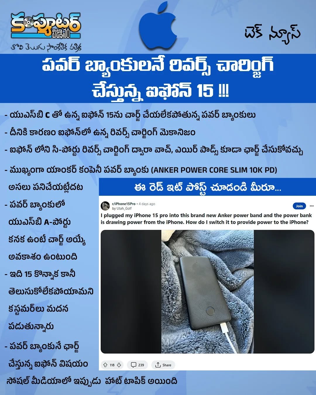 పవర్ బ్యాంకులనే రివర్స్ చార్జింగ్ చేస్తున్న ఐఫోన్ 15