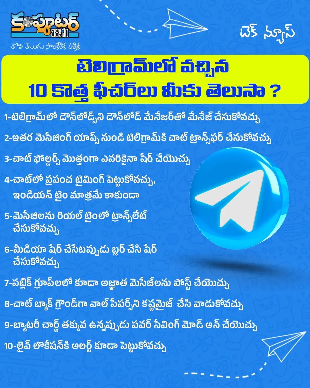 టెలిగ్రామ్ లో వచ్చిన పది సరికొత్త ఫీచర్లు